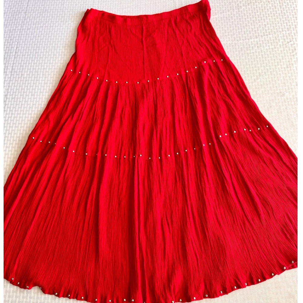 Red Boho Tiered Maxi Skirt Studded Crinkle Gauze Western One Size L XL